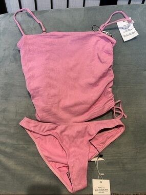 JMP Pink Metallic Ribbed Tankini Set NEW Tie Top Side Removable Straps